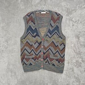 Brotex Mens L Wool Knit Sweater Vest Zig Zag Geometric Earth Tones Academia Boho